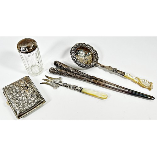 238 - A mixed selection of 19th century silver to include a glove stretcher, a pickle fork, a cigarette ca... 