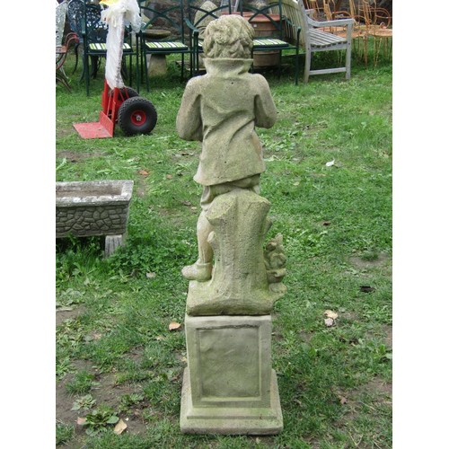 1045 - A weathered cast composition stone garden ornament depicting winter raised on a square cut and stepp... 