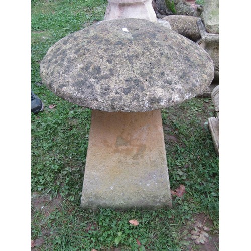 1055 - A composition stone staddle stone and domed cap, 65 cm high x 56 cm diameter