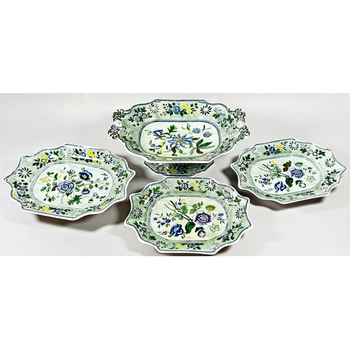 47 - A Spode botanical dessert set, the floral panels upon a pale green backing comprising one high and t... 