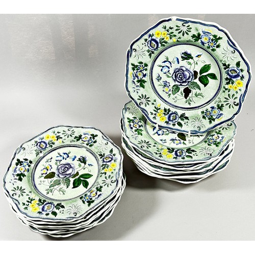 47 - A Spode botanical dessert set, the floral panels upon a pale green backing comprising one high and t... 