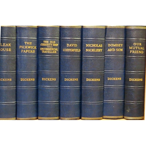 824 - Fifteen blue bound volumes of Charles Dickens and twelve brown bound volumes of classic literature, ... 