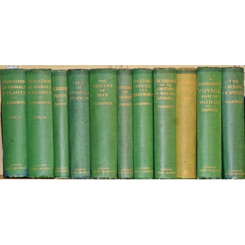 836 - Ten green cloth bound volumes by Charles Darwin to include The Origin of Species (1902) The Descent ... 