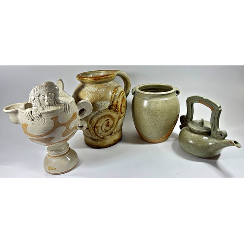 113 - Studio ware tea pot and vase by Janet Hamer together with studio pottery flagon and jug and a Staffo... 