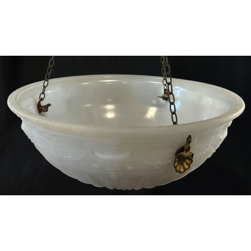 177 - An Edwardian moulded glass, rise and fall ceiling light shade with crackle glazed counter weight, 35... 