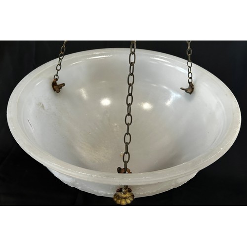 177 - An Edwardian moulded glass, rise and fall ceiling light shade with crackle glazed counter weight, 35... 