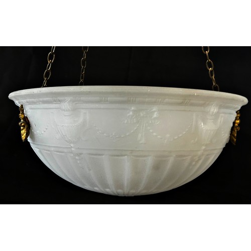 177 - An Edwardian moulded glass, rise and fall ceiling light shade with crackle glazed counter weight, 35... 