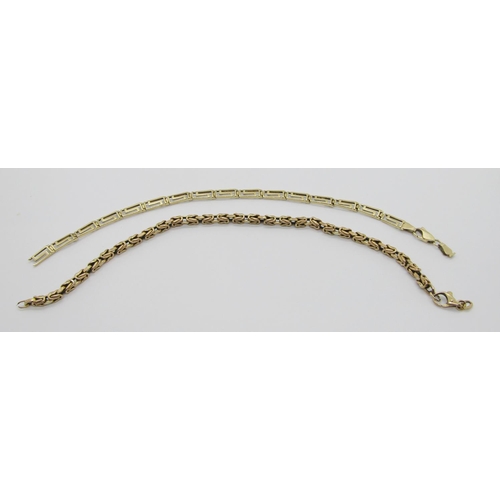 402 - Two vintage 9ct chain bracelets; a Byzantine example and a Greek Key example, 13.9g total (both af) ... 