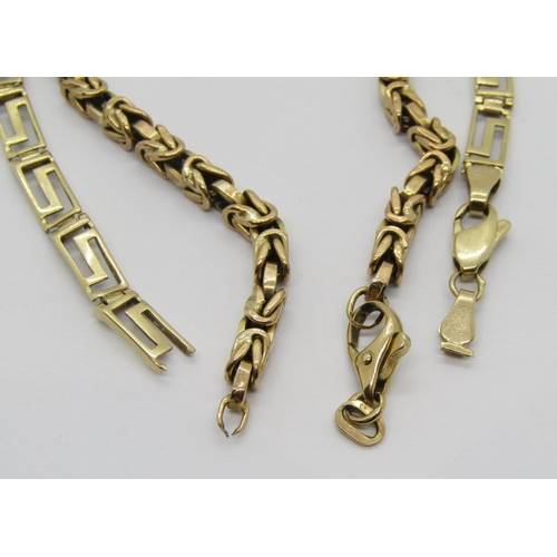 402 - Two vintage 9ct chain bracelets; a Byzantine example and a Greek Key example, 13.9g total (both af) ... 