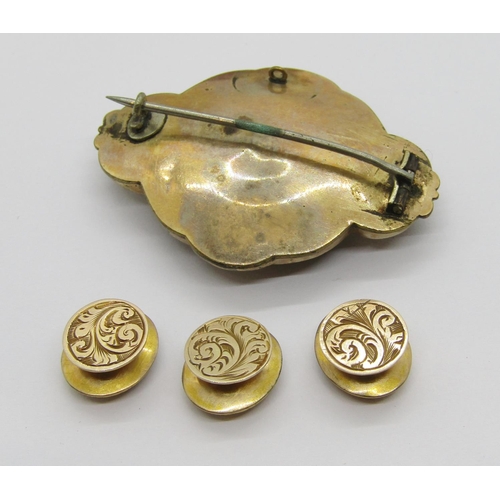 404 - Cased set of three Victorian naval yellow metal dress studs with enamelled anchor decoration, togeth... 