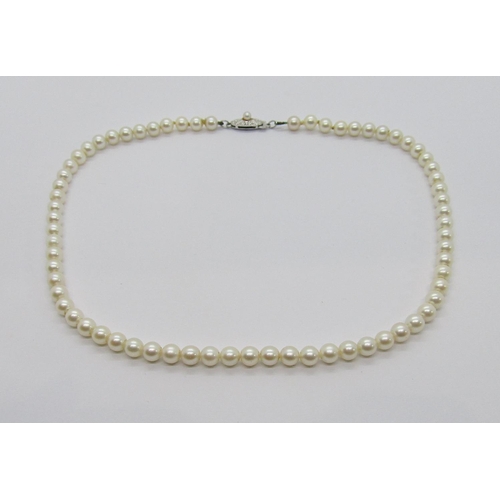 415 - Mikimoto pearl necklace with silver clasp, retailed by Lane Crawford, Hong Kong, sixty-eight pearls ... 