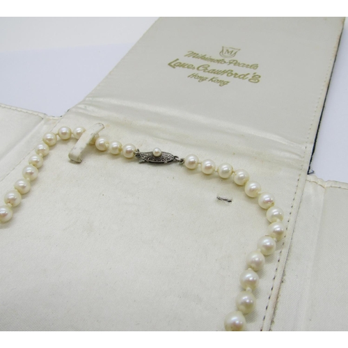 416 - Mikimoto pearl necklace with silver clasp, retailed by Lane Crawford, Hong Kong, sixty-six pearls pl... 