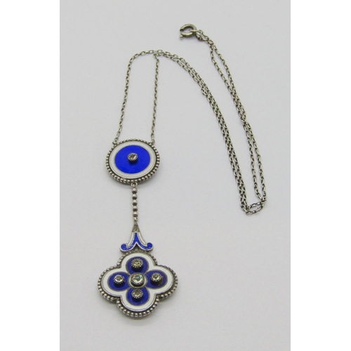 419 - Early 20th century silver paste set drop pendant necklace, with cobalt blue and white enamelled deco... 