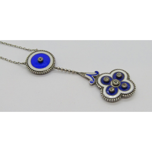 419 - Early 20th century silver paste set drop pendant necklace, with cobalt blue and white enamelled deco... 