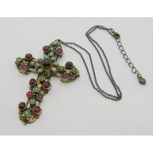 420 - Antique Austro-Hungarian silver gilt cross pendant set with cabochon turquoise and garnets, maker 'M... 