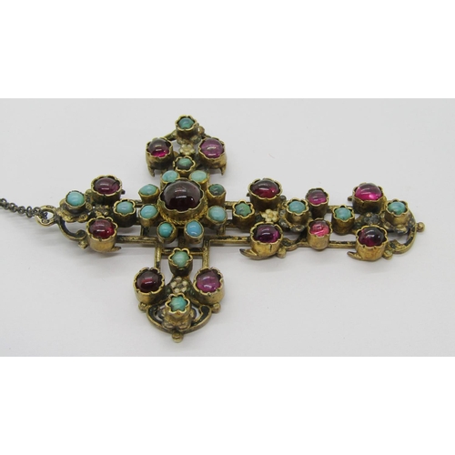 420 - Antique Austro-Hungarian silver gilt cross pendant set with cabochon turquoise and garnets, maker 'M... 