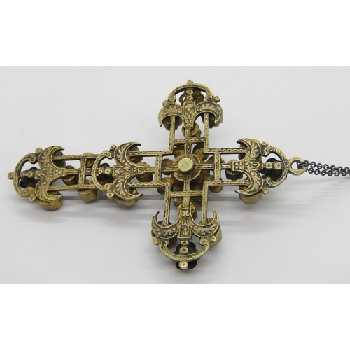 420 - Antique Austro-Hungarian silver gilt cross pendant set with cabochon turquoise and garnets, maker 'M... 