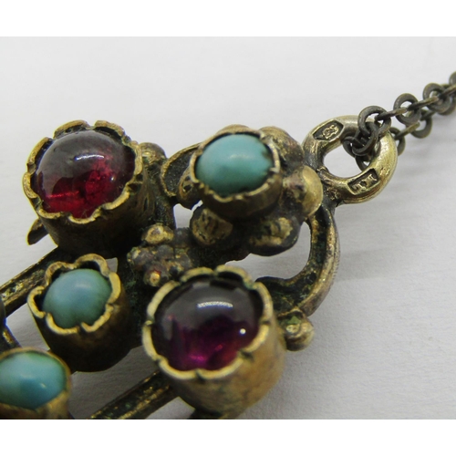 420 - Antique Austro-Hungarian silver gilt cross pendant set with cabochon turquoise and garnets, maker 'M... 