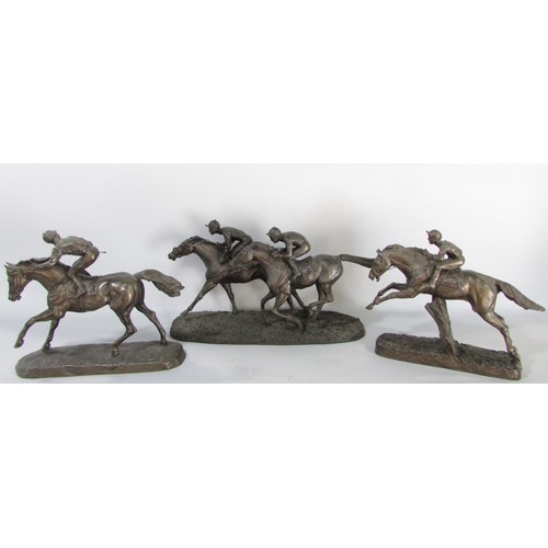 612 - “ Still in the race” a group of three bronze resin race horse and jockey studies, 21cm high approxim... 