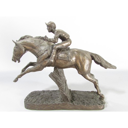 612 - “ Still in the race” a group of three bronze resin race horse and jockey studies, 21cm high approxim... 