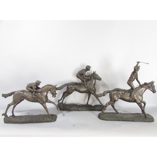 613 - “First, second and third” a group of three bronze resin race horse and jockey studies, approximately... 