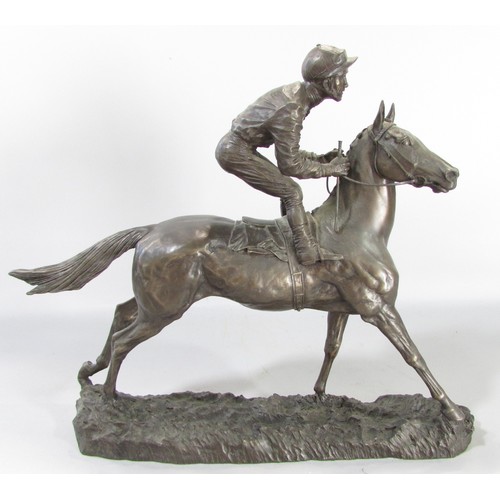 613 - “First, second and third” a group of three bronze resin race horse and jockey studies, approximately... 