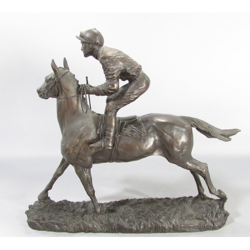 613 - “First, second and third” a group of three bronze resin race horse and jockey studies, approximately... 