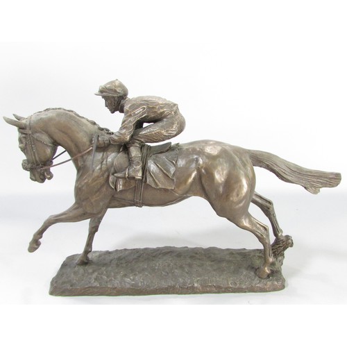 613 - “First, second and third” a group of three bronze resin race horse and jockey studies, approximately... 