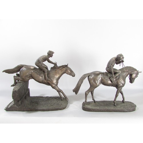 614 - “ Before the race” and “Over the last” two bronze resin race horse and jockey studies, 27cm high app... 