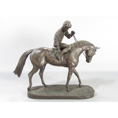 614 - “ Before the race” and “Over the last” two bronze resin race horse and jockey studies, 27cm high app... 