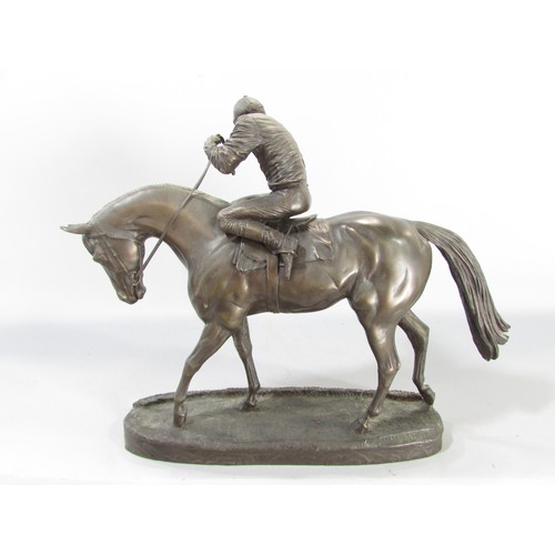 614 - “ Before the race” and “Over the last” two bronze resin race horse and jockey studies, 27cm high app... 