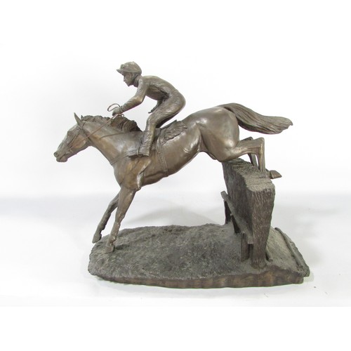 614 - “ Before the race” and “Over the last” two bronze resin race horse and jockey studies, 27cm high app... 