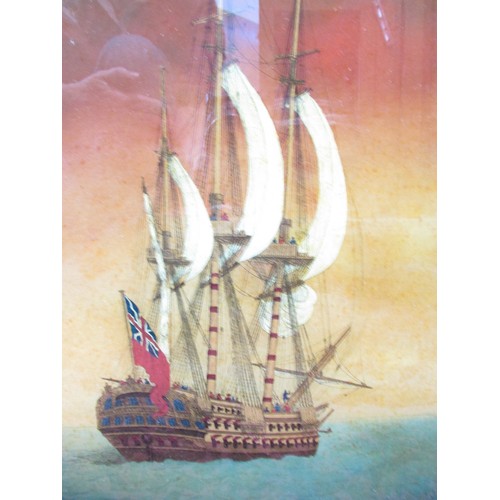 616 - A reverse glass painting of a 19th century Royal Navy battle ship, 40cm x 27cm.