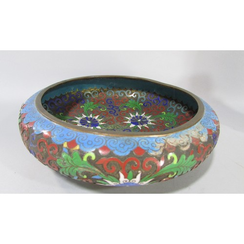 625 - A 19th century shallow cloisonné with an all over floral pattern and stylised clouds 20cm diameter, ... 