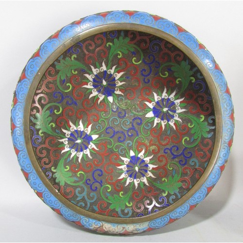 625 - A 19th century shallow cloisonné with an all over floral pattern and stylised clouds 20cm diameter, ... 