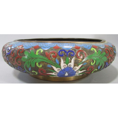 625 - A 19th century shallow cloisonné with an all over floral pattern and stylised clouds 20cm diameter, ... 