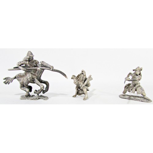 629 - Three white metal Dutch made Japanese military figures, one on horse back, one advancing, the squatt... 