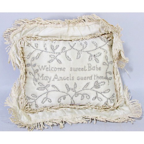 633 - A Georgian babies pin stuck pillow “Welcome sweet babe. May angels guard thee” silk with fringe, 18c... 