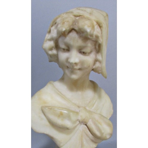 634 - A small marble bust of a girl wearing a bonnet and bow tied blouse, raised on square tapered plinth ... 