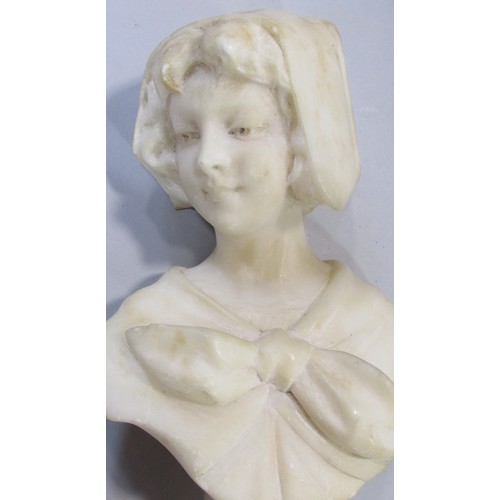 634 - A small marble bust of a girl wearing a bonnet and bow tied blouse, raised on square tapered plinth ... 