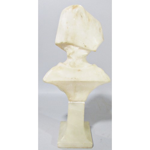 634 - A small marble bust of a girl wearing a bonnet and bow tied blouse, raised on square tapered plinth ... 