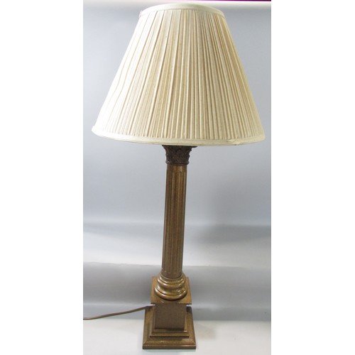 621 - A single Corinthian column table lamp and a pair of candlestick column table lamps and shades, each ... 