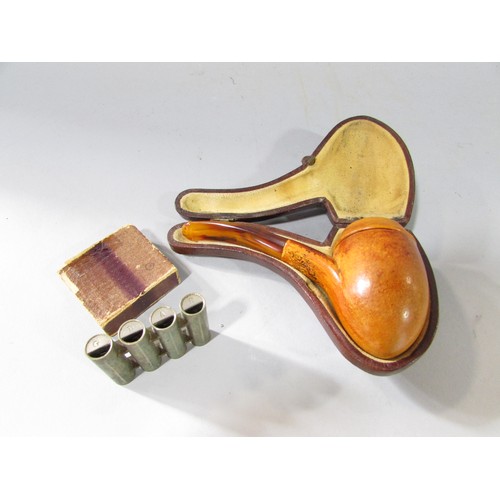 632 - A 19th century Meerschaum pipe with tortoise shell stem, ( the bowl unscrews) housed in a leather hi... 