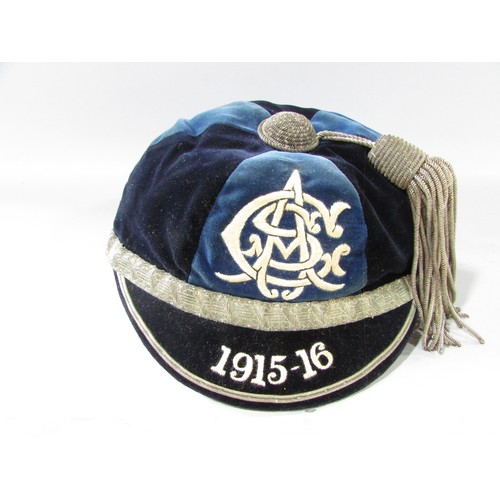 618 - An early 20th century blue velvet and gold braid tasseled Rugby Football Honours Cap dated 1915-16 i... 