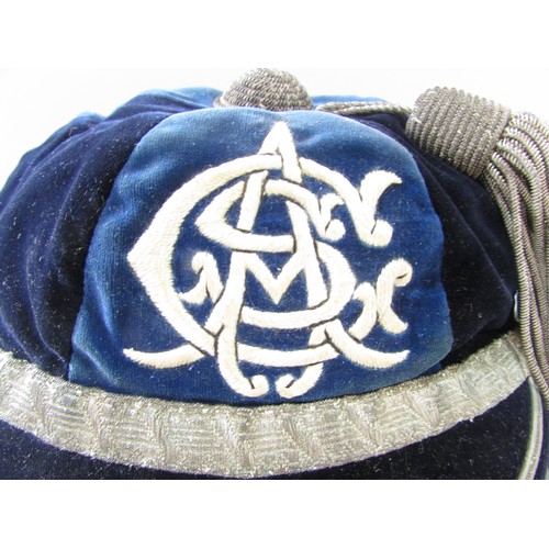 618 - An early 20th century blue velvet and gold braid tasseled Rugby Football Honours Cap dated 1915-16 i... 