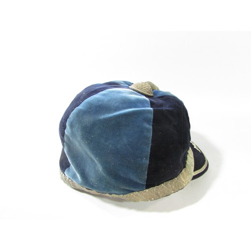 618 - An early 20th century blue velvet and gold braid tasseled Rugby Football Honours Cap dated 1915-16 i... 