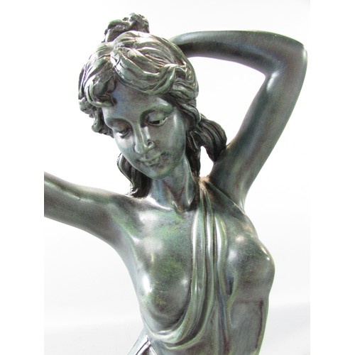 640 - A bronzed effect table lamp of a Classical draped woman arm aloft with lamp and solitary naked infan... 