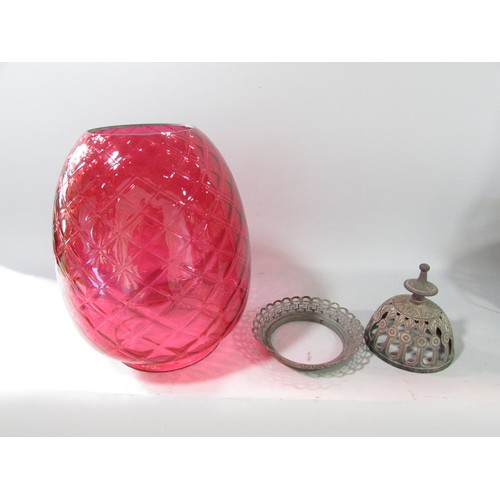 641 - A Victorian Globe Stove with a Union Burner, a cranberry glass diamond cut shade with a polished bra... 