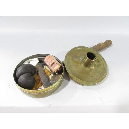 651 - A Wrennall double burner oil lamp, together with a 19th century wooden handler brass tinder box with... 