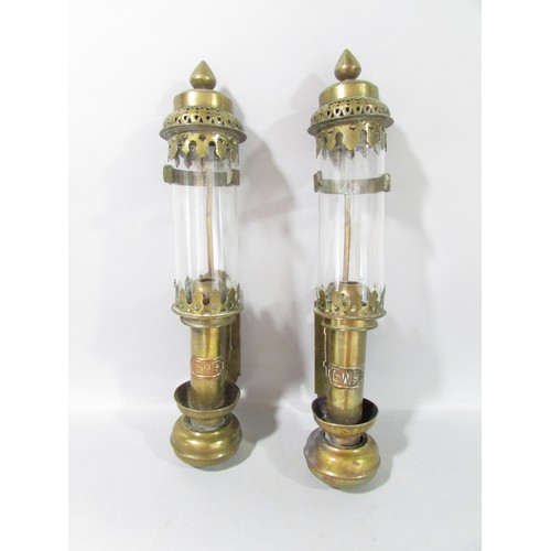 655 - A pair of first class brass carriage lights, GWR raised on a copper plaque, 35cm high.